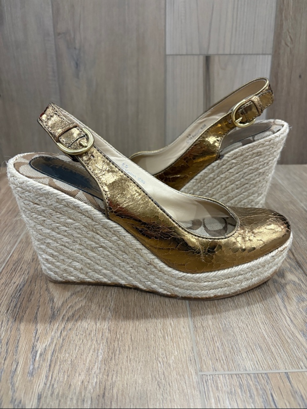 Coach Ireland Crackled Gold Leather Slingback Platform Wedge Espadrille Karisa 8 - Picture 2 of 12